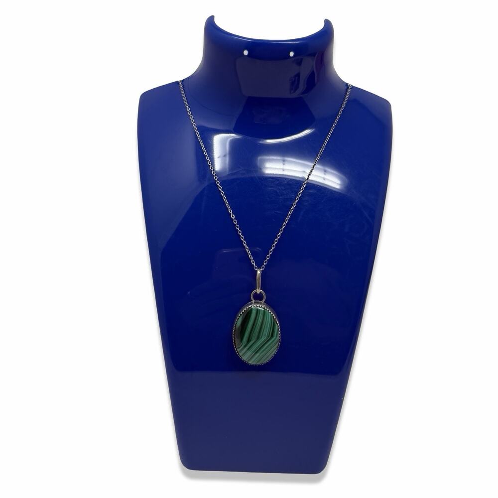 Vintage Signed Stan 2007 Malachite Pendant Necklace Small Oval Silver Tone